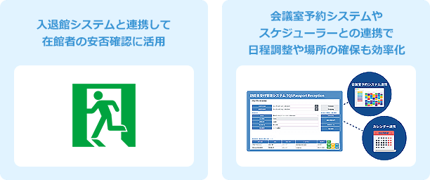 入退館システムと連携して在館者の安否確認に活用、会議予約システムやスケジューラーとの連携で日程調整や場所の確保も効率化 - What's TQSPassport?