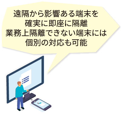 遠隔から影響ある端末を確実に即座に隔離、業務上隔離できない端末には個別の対応も可能