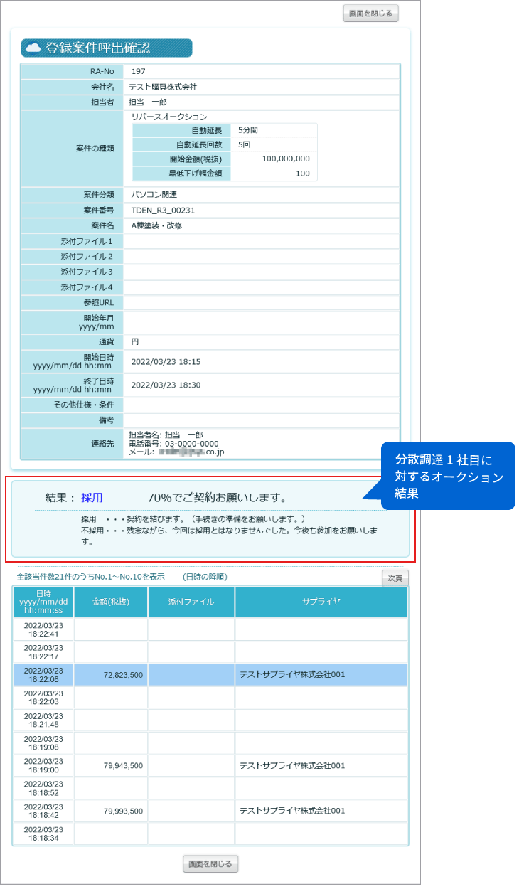 サプライヤー 分散調達結果画面