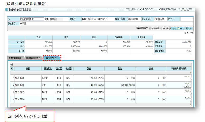 GRANDIT 製番別予実対比照会画面イメージ③